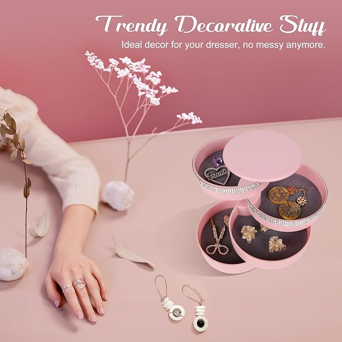 CONBOLA Jewelry Holder Organizer, Christmas Gifts Ideas for Women, Small Jewelry Storage Box Earring Holder, 5-Layer Rotating Jewelry Storage Tray with Lid for Bracelets Rings Bracelets