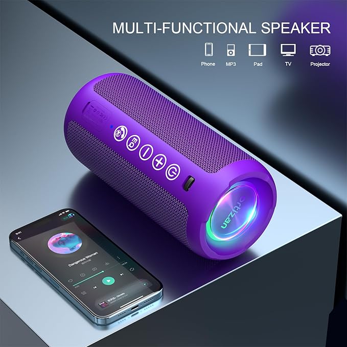 Ortizan Portable Bluetooth Speaker: IPX7 Waterproof, 24W Loud Sound, Deep Bass, Bluetooth 5.3, LED Lights, Wireless Stereo Pairing, 30H Playtime, for Home/Outdoor/Party/Beach, Birthday Gift (Purple)