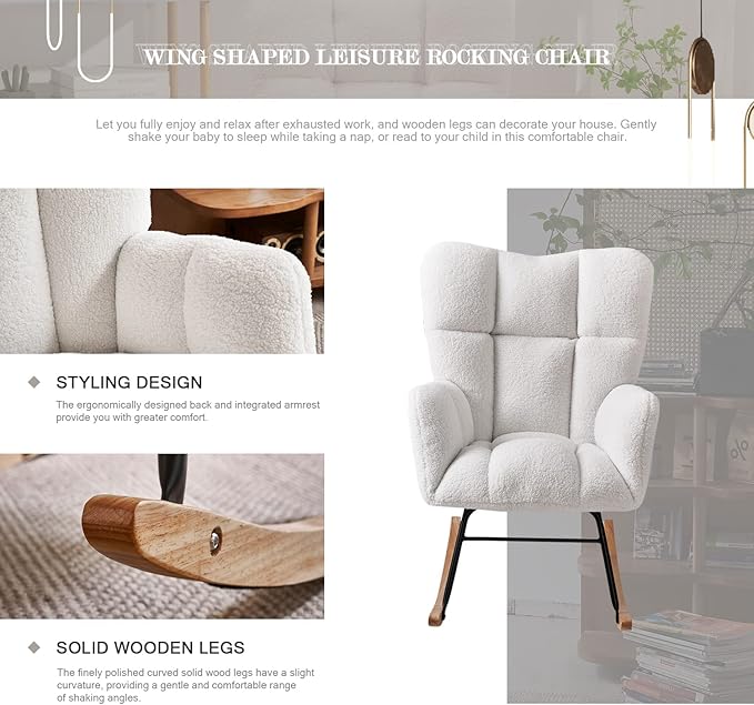 Nursery Rocking Chair, Teddy Upholstered Glider Rocker with High Backrest Armchair, Modern Rocking Accent Chairs for Nursery, Living Room, Bedroom, Offices (Ivory)