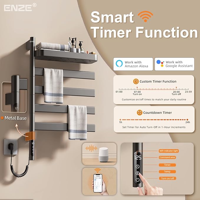 ENZE Smart Rotating Heated Towel Rack for Bathroom, Wall-Mounted Electric Towel Dryer with Swivel Bars & Shelf, Smart Timer, Low Carbon Steel, Plug-in/Hardwired, Towel Warmer with Wi-Fi App Control