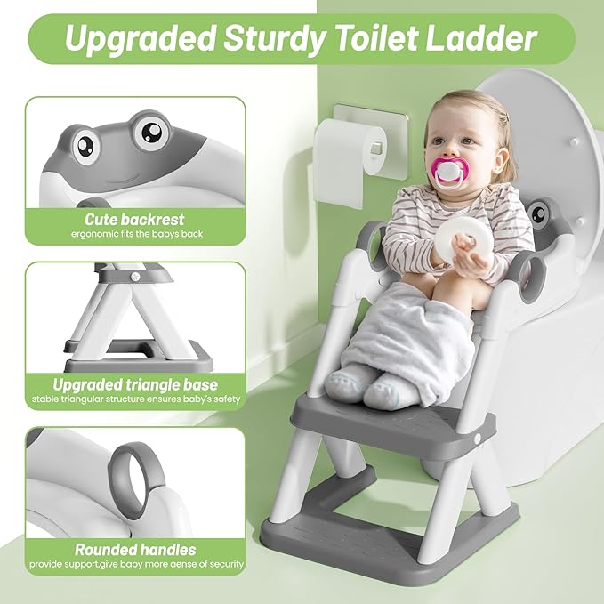 Frog Potty Training Seat, Upgrade Toddler Toilet Seat for Kids Boys Girls, 2 in 1 Potty Training Toilet for Kids, Splash Guard Anti-Slip Pad Step Stool