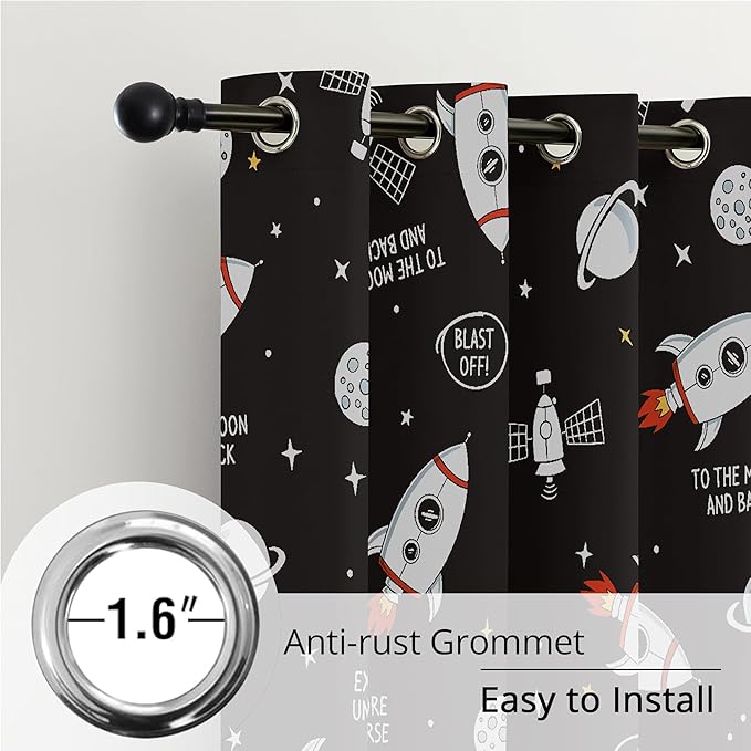 Kids Space Rocket Blackout Curtains - 100% Blackout, Thermal Insulated, Noise Reducing, Perfect for Kids Room and Nursery, 2 Panels (Blast-Off Moon Mission, W52×L63)