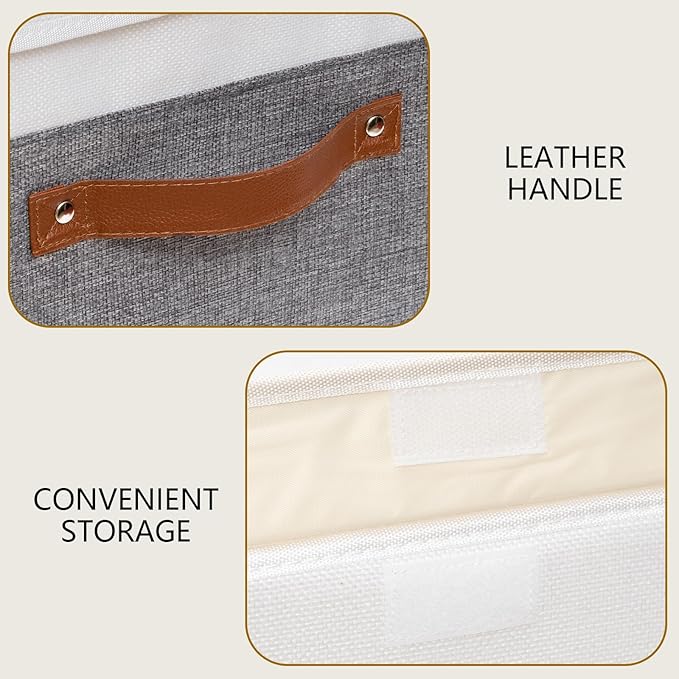 Yawinhe Storage Boxes with Lids, Linen Fabric Bin, Cube Organizer Basket, Washable and Leather Handle, for Home, Closet, White/Grey, 15.0''Lx9.8''Wx9.8''H, 7-Pack, USNK024WGL-7
