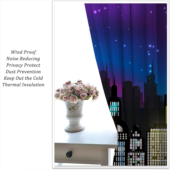Superhero Rod Pocket Blackout Curtains for Boy Girl Bedroom, Super City Skyline Buildings Night Panorama Thermal Insulated Home Window Drapes for Living Room Darkening, 72x63 inch