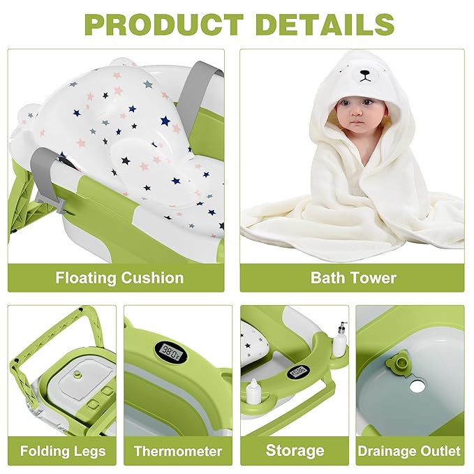MoreFeel Collapsible Baby Bathtub for Newborn with Thermometer & 1 Hooded Towel & 1 Soft Floating Cushion,Portable Travel Bathtub with Drain Hole, Durable Foldable Baby Tubs for Infants to Toddler