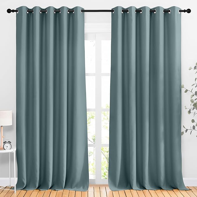 NICETOWN Greyish Blue Room Darkening Curtains 90 inch Length - Grommet Thermal Blackout Window Treatments Sound Proof Room Divider Drapes for Bedroom (2 Panels, W66 x L90)