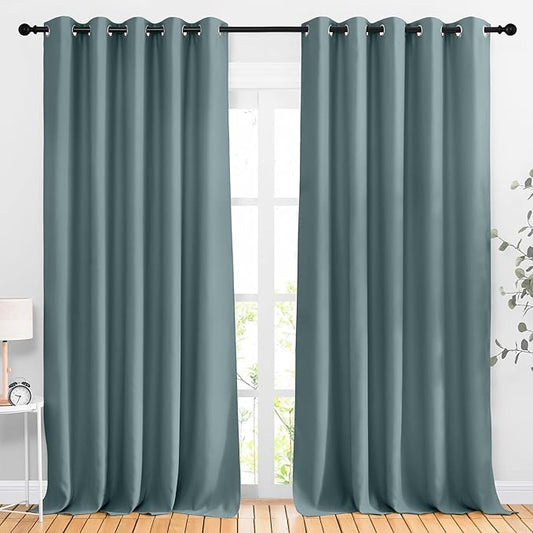 NICETOWN Greyish Blue Room Darkening Curtains 90 inch Length - Grommet Thermal Blackout Window Treatments Sound Proof Room Divider Drapes for Bedroom (2 Panels, W66 x L90)