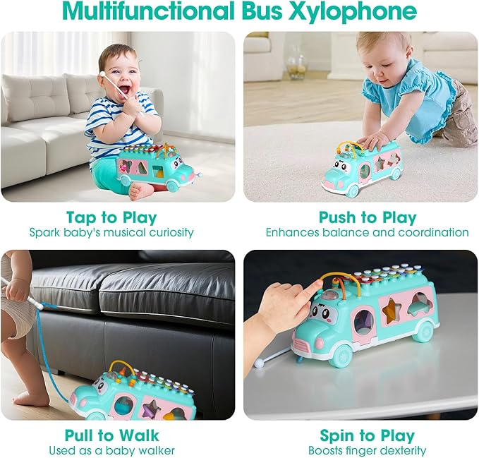 Baby Xylophone for Toddlers 1-3, Bus Shaped Toy Xylophone for Kids with Child Safe Mallet, Shape Sorting Educational Musical Toys and Instruments for Toddlers 1-3