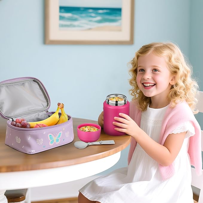 Soup Thermo for Hot Food Kids 16oz Insulated Food Jar Leakproof Thermo Lunch Container for Kids Wide-Mouth Stainless Steel Lunch Box for School with Handle Folding Spoon(3+)