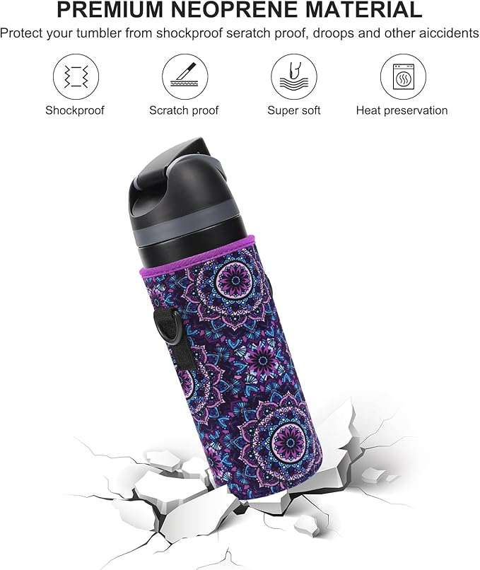Neoprene Water Bottle Carrier Bag with Adjustable Shoulder Strap for Owala 24 OZ Tumbler, Insulated Water Bottle Cover for Owala FreeSip Insulated Water Bottle (Mandala, 24 OZ)