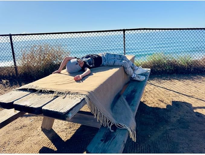 Picnic Blanket Extra Large Waterproof with Strap 59"x79" - Machine Washable Tassels Faux Wool Cashmere for Park, Grass, Camping, Hiking, Concerts (Deep Tan with white shoulder strap, 59"X79")