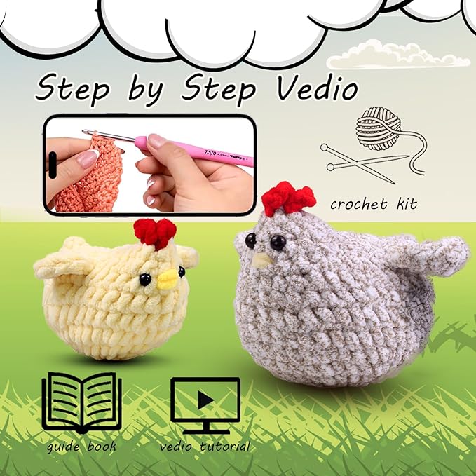 Crochet Kit for Beginners,Chicken Crochet Starter Kit with Step-by-Step Video Tutorials,Crochet Animal Kits for Adults Kids,Chicken Crocheting Set Complete Included