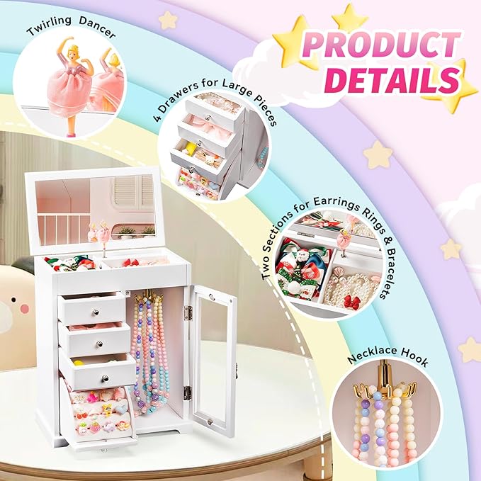 Miratino Jewelry Box for Girls, Kids Jewelry Box with Spinning Dancer, 5 Layer Large Wooden Musical Jewelry Organizer Box Gifts for Little Girls Christmas New Year Birthday Children's Day(White)