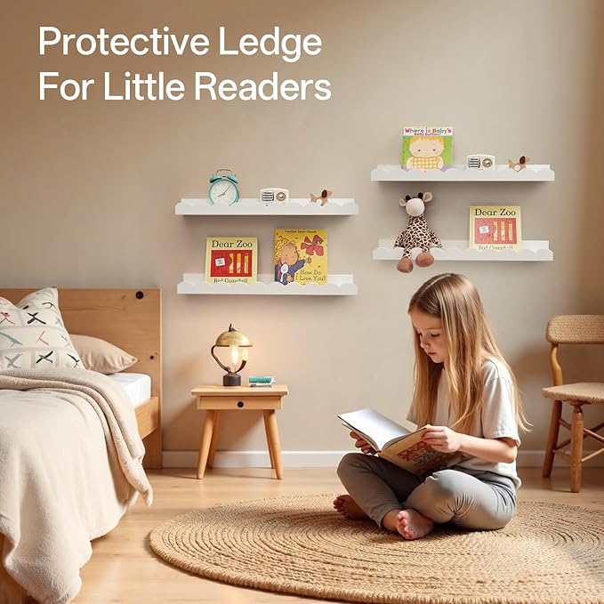 Nursery Book Shelves, Scalloped Floating Shelves 24inch Set of 2 Solid Pine Wood Wall Mounted Bookshelf with Wave Lip for Bedroom Kids, Toddler Room, Baby Room