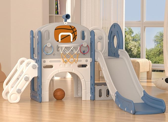 XJD 8 in 1 Toddler Slide Set, Kids Slide for Toddlers Age 1+, Toddler Climber Slide PlaySet with Basketball Hoop and Ball,Outdoor Indoor Playground for Toddlers 1-3 (Blue Gley, 8 in 1)
