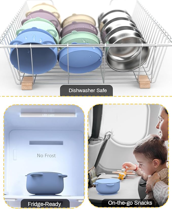 Baby Suction Bowls with Lids 4-Pack, 2-in-1 Stainless Steel 304 Toddler Bowl & Removable Silicone Suction Kids Bowl Plate Set Non Toxic Snack Dishes for Self-Feeding, Twilight Meadow