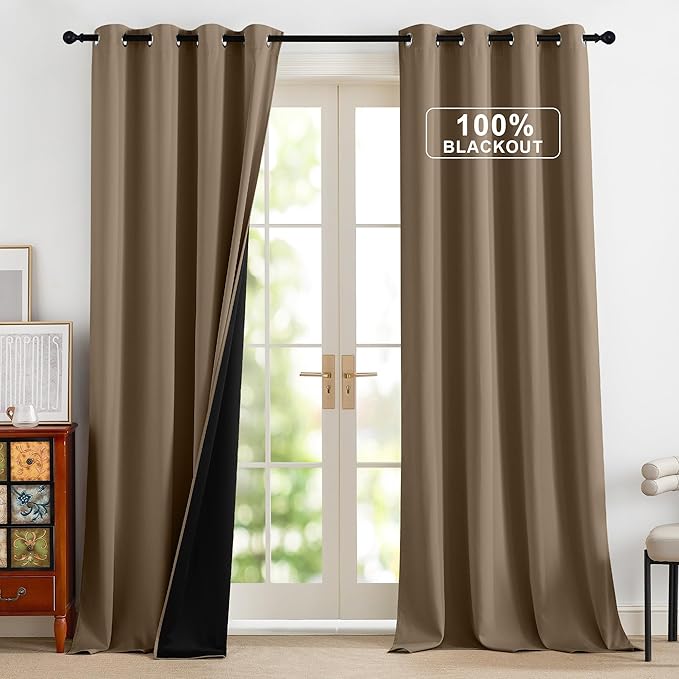 NICETOWN 100% Blackout Curtains 96 inches Long for Bedroom - Grommet Privacy Window Treatment Drapery for Cafe Bar Thermal Insulated Curtains for Living Room, 1 Pair, 52" W x 96" L, Khaki