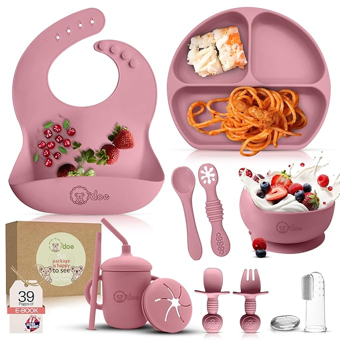 o'doe 11-Piece BPA-Free Silicone Baby Feeding Set | Thick & Soft Suction Plates, Baby Bowls, Wooden Fork & Spoon, and More | Make Mealtime Fun and Easy for Your Little One (Rose, V1)