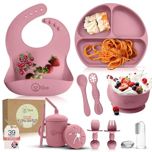 o'doe 11-Piece BPA-Free Silicone Baby Feeding Set | Thick & Soft Suction Plates, Baby Bowls, Wooden Fork & Spoon, and More | Make Mealtime Fun and Easy for Your Little One (Rose, V1)