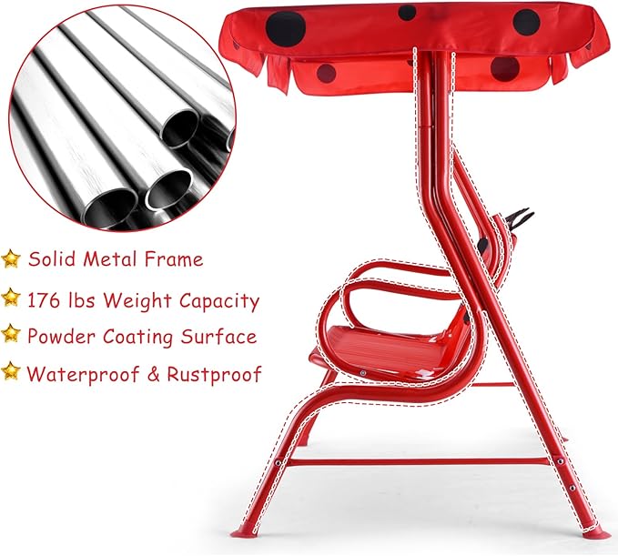 GLACER Porch Swing, Kids Patio Hammock w/Adjustable Canopy & Stand, Safety Belt, 2 Seats Outdoor Swing Bench, Metal Frame Hanging Lounge Chair, Swing Sets for Backyard, Garden, Poolside (Red Ladybug)