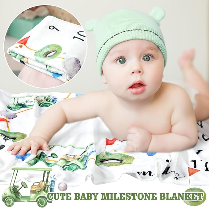 Golf Print Baby Monthly Milestone Blanket Newborn Baby Boy Green Gender Neutral Newborn and Nursery Essentials Personalized Ideas for Nursery Decor (Green, Golf)