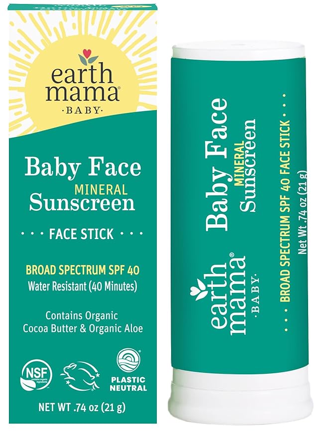 Earth Mama Baby Face Mineral Sunscreen Stick SPF 40 | Non-Nano Zinc, Contains Organic Cocoa Butter & Aloe | Babies, Kids & Family 0.74-Ounce