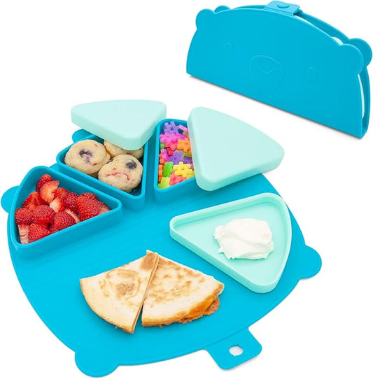 Silicone On-The-Go Snack Mat – Foldable Reusable Placemat with 3 Compartments and Lids – Travel-Friendly Baby and Toddler Snack Plate – Dishwasher Safe (Ocean)