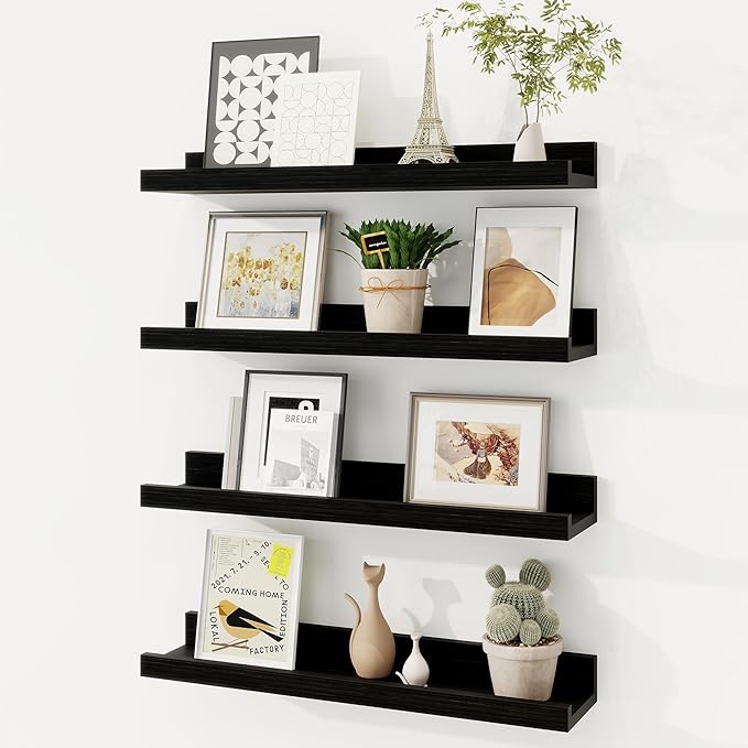 Picture Ledge Shelf, Solid Pine Wood Floating Shelves Set of 4, 16 Inches Nursery Book Shelves for Toys Storage, Kids Bookshelf Wall Mounted for Living Room Decor Photo Frames, Black