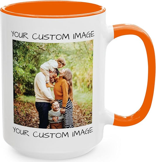 Personalized Coffee Mug – Custom Photo, Text, or Logo Ceramic Mug Tea Cup | Taza Personalizada with Picture or Message | Customized Gift Idea for Men & Women, Mom, Dad, Friends - White/Orange | 15oz