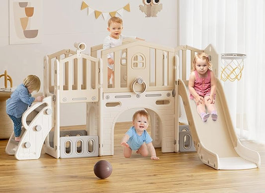 XJD 9 in 1 Toddler Slide Set, Kids Slide for Toddlers Age 1+, Toddler Climber Slide PlaySet with Basketball Hoop and Ball,Outdoor Indoor Playground for Toddlers 1-3 (Beige)