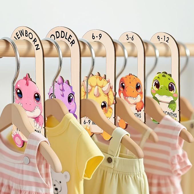 Baby Clothes Dividers for Closet - Wooden Baby Size Closet Dividers Newborn to 24 Months, Unique Dinosaur Design Babies Clothes Organizer for Nursery Decor Gender-Neutral Newborn Hangers (Set of 8)