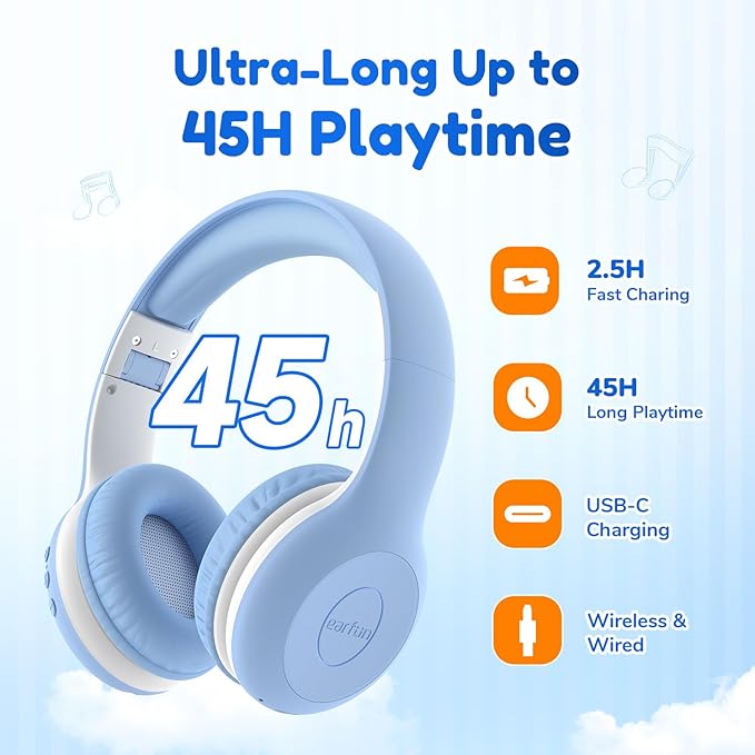 EarFun K2 Kids Bluetooth Headphones, Kids Headphones with Volume Limited, 40H Playtime, Built-in Mic, Stereo Sound, Foldable Over-Ear Headphone for School/Travel/iPad/Tablet, Sky Blue