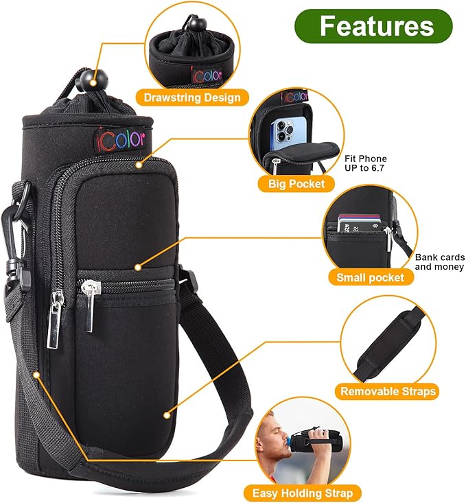 icolor Water Bottle Carrier Bag with Strap 25/32/40 oz Crossbody Bottle Holder with Phone Pocket Sling Sleeve Insulated Neoprene Water Bottle Pouch for Walking Travelling