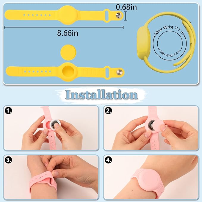 Kids Waterproof Airtag Bracelet Compatible with Apple AirTag, Hidden Silicon Protective Case for Air Tag GPS Tracker Holder, Adjustable Anti-Lost Watch Band for Toddler Child (Yellow)