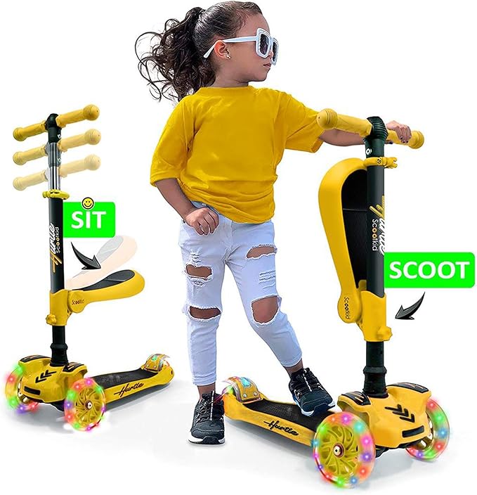 Hurtle 3-Wheeled Scooter for Kids - Wheel LED Lights, Adjustable Lean-to-Steer Handlebar, and Foldable Seat - Sit or Stand Ride with Brake for Boys and Girls Ages 1-14 Years Old
