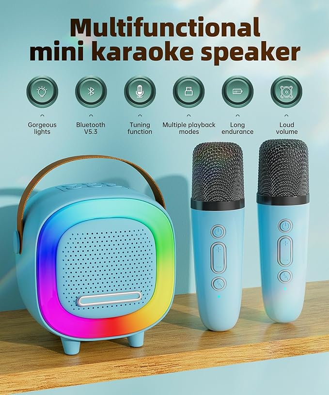 Mini Karaoke Machine Speaker for Kids Adults, Portable Bluetooth with 2 Wireless Microphones, Children's Day Birthday Gift Ideas for Toys for Teens Boys and Girls Aged 4, 5, 6, 7, 8, 9, 10, 11, 12+