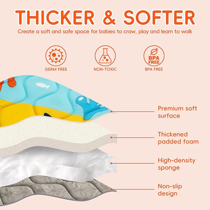 Baby Play Mat - Thicken 71x59 Inch Soft Foam Crawling Mat for Playpen & Floor, Non-Slip Waterproof Playmats for Infants & Toddlers, Portable Foldable & Machine Washable, Ocean World