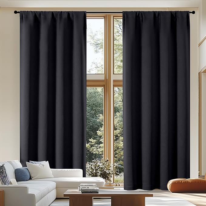 Simplebrand Ava Black Blackout Curtains for Patio 108 Inches Long 2 Panels Set, Solid Thermal Insulated Room Darkening Rod Pocket Window Treatment Curtains Blackout Drapes, W50 x L108 Inch, Black