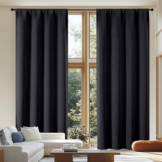 Simplebrand Ava Black Blackout Curtains for Patio 108 Inches Long 2 Panels Set, Solid Thermal Insulated Room Darkening Rod Pocket Window Treatment Curtains Blackout Drapes, W50 x L108 Inch, Black