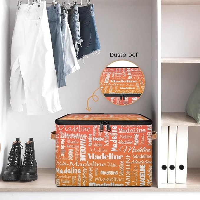 Custom Storage Basket with Name, Personalized Storage Bins with Zipper Lid, Foldable Fabric Storage Box Large capacity with Handle Orange