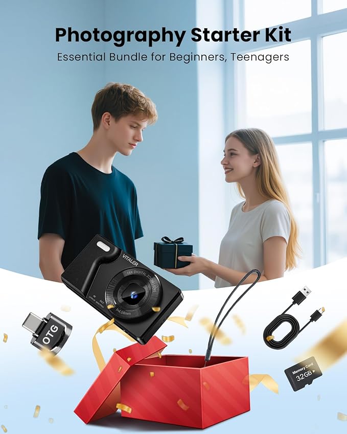 Digital Camera with Front Rear Lens, Autofocus 64MP 4K Camera for Photography with 32GB Card, Portable Compact Point and Shoot Camera for Teens Adult Beginner with Metal Shell, 2000mAh Battery