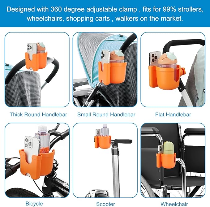 Accmor Stroller Cup Holder with Phone Holder, Bike Cup Holder, Universal Cup Holder for Uppababy Nuna Doona Strollers, 2-in-1 Cup Phone Holder for Stroller, Bike, Wheelchair, Walker, Scooter