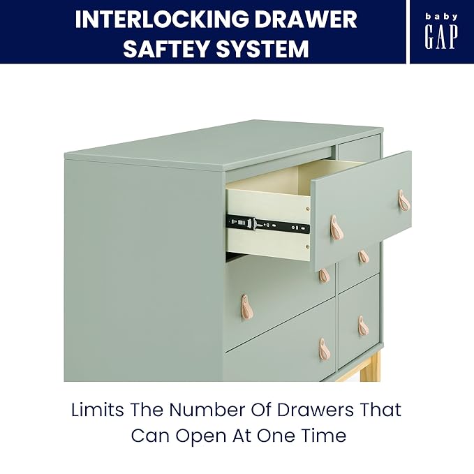 Delta Children babyGap Legacy 6 Drawer Dresser with Leather Pulls and Interlocking Drawers Greenguard Gold Certified, Sage Green w/Natural