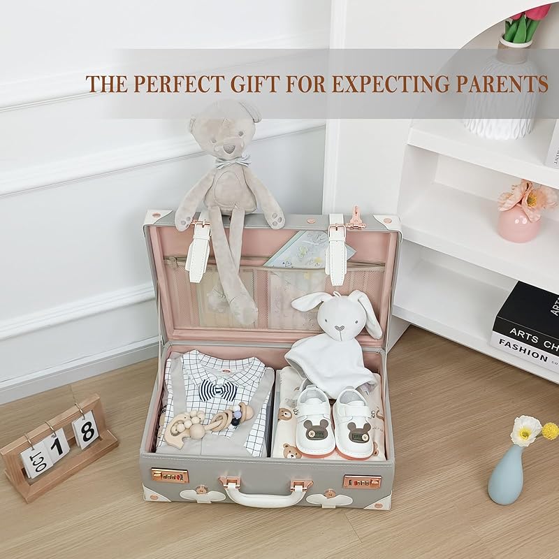 Unitravel Baby Keepsake Case, 18" Handmade Memory Storage Box, Newborn Keepsake Box, Vintage Suitcase for Baby Shower, Baptism, Naming Ceremony or Birthday (grey)