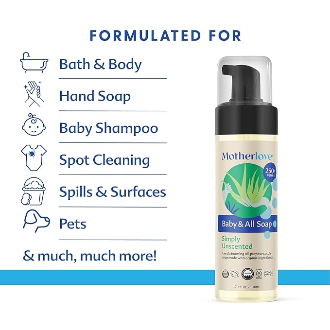 Motherlove Baby & All Soap (32 oz) Gentle Foaming All-Purpose Castile Soap Made with Organic Ingredients – Simply Unscented
