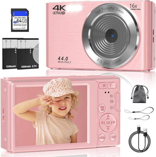 Digital Camera, FHD 4K 44MP Digital Camera, 16X Digital Zoom, Digital Point and Shoot Camera with 3-LED Fill Lights, 64GB SD Card, Compact Camera for Kids Teen Boys Girls, Pink