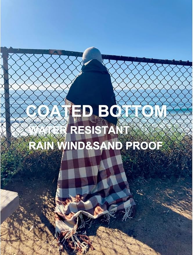 Picnic Blanket Extra Large Waterproof with Strap 59"x79" - Machine Washable Tassels Faux Wool Cashmere for Park, Grass, Camping, Hiking, Concerts (Latte with white shoulder strap, 59"X79")