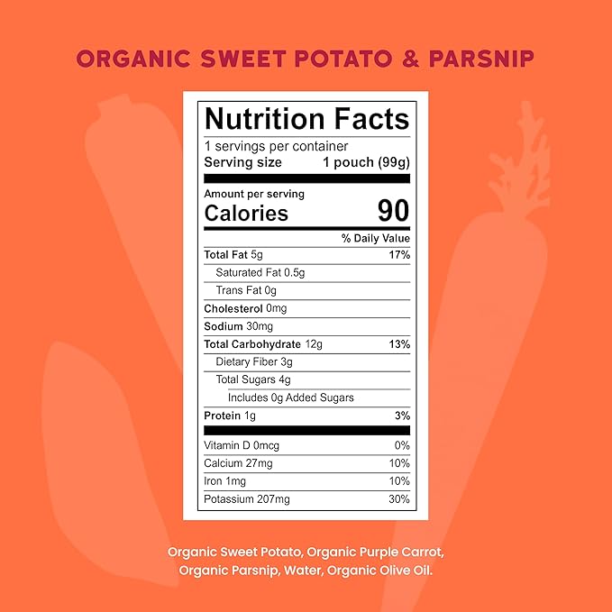 Serenity Kids 6+ Months Baby Food Pouches Veggie Puree - Sweet Potato & Parsnip - BPA-Free & USDA Organic Baby Food - No Added Sugar - Allergen Free - 3.5 Oz, 6 Pack