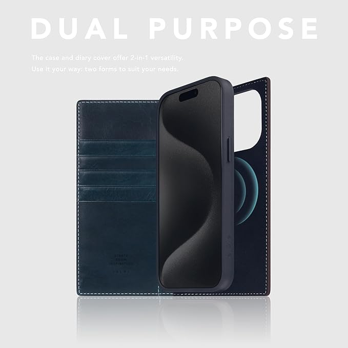 D7 Italian Wax Leather Wallet Case for iPhone 15 Pro Max - [2-in-1] Handcrafted Detachable Diary Style with Magnetic MagSafe Back Cover, Gift Box Included (Blue)