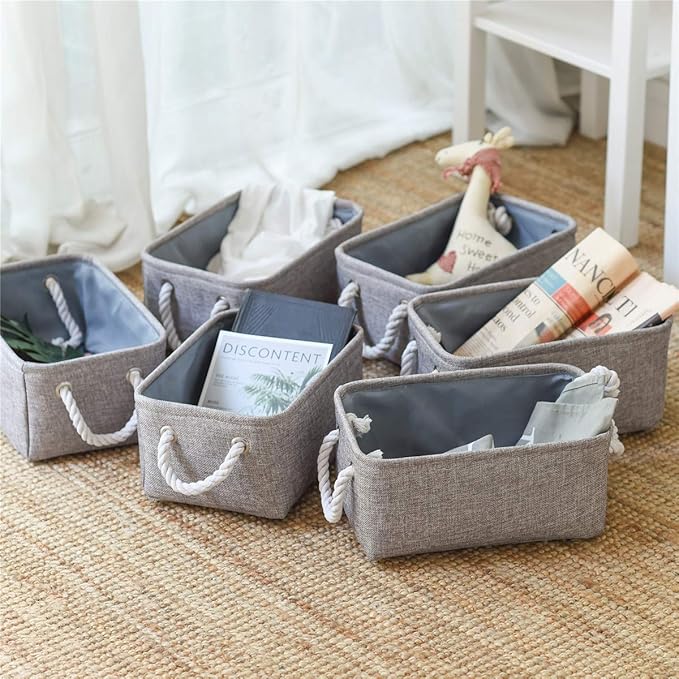 TcaFmac Basket for Organizing Cube Stgorage Bin - Small 6 Pack Fabric Storage Cubes Collapsible Baskets for Shelves with Rope, Bins for Organization Toy(Grey 12x8x5.2 inch)